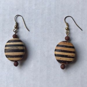 Women’s Brown Tan Wooden Striped Bead Drop Earrings